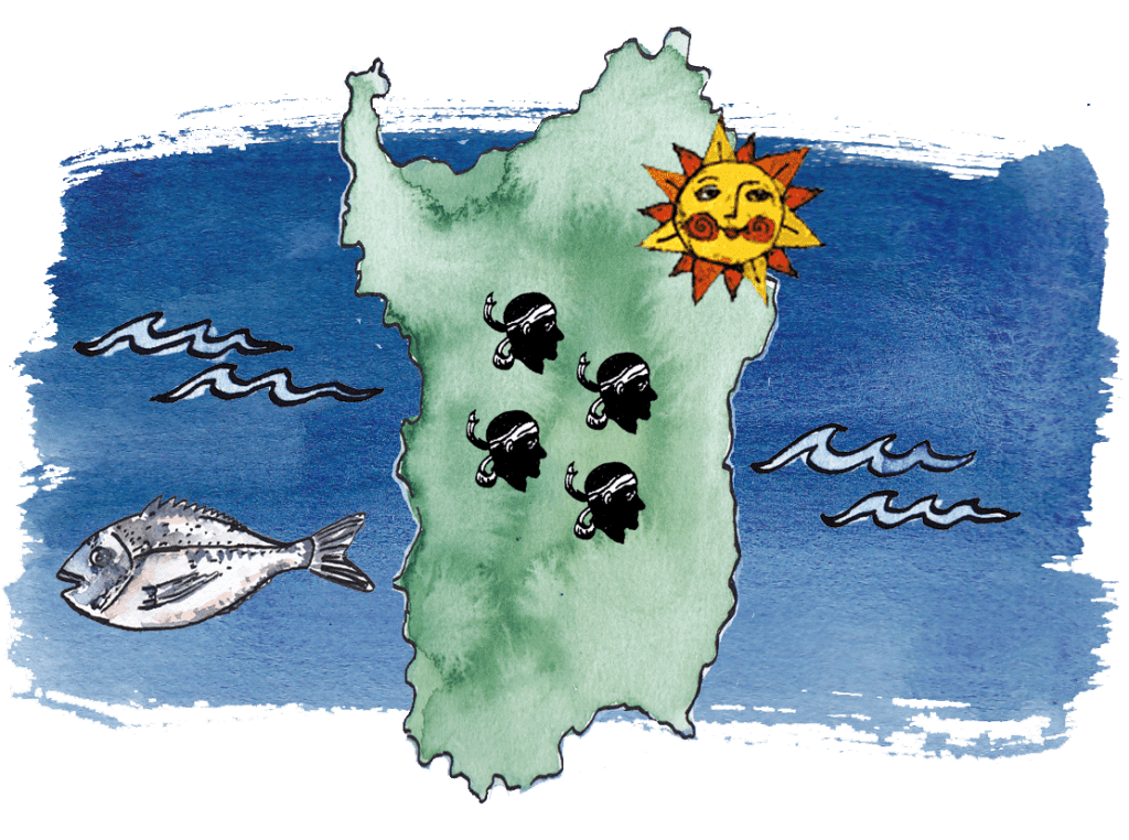 Illustrierte Karte von Sardinien mit den Ferienhäusern von o-solemio
